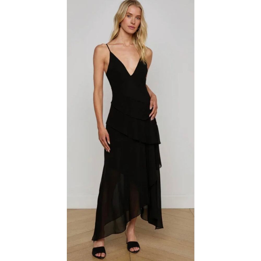 L'AGENCE Sunniva Tiered V Neck Midi Dress Chiffon Black Classic Women's 16 New